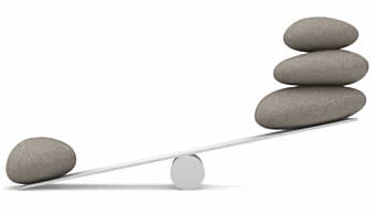 Sustainable Corporation - unbalanced balancing act - picture of one stone on level weighing down 3 stones