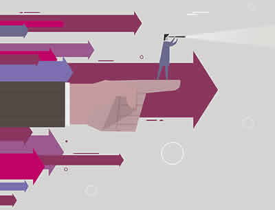 SPRG-Setting-Sustainability-Ambition | Graphic image of arrows pointing right with a business woman looking forward through a telescope.