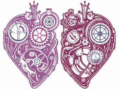An illustrated image of a heart shape, divided into two halves, each filled with complex mechanical gears, dials, and clockwork components in shades of purple and blue. The drawing combines elements of machinery and anatomy, symbolising a fusion between technology and emotion.