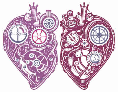 An illustrated image of a heart shape, divided into two halves, each filled with complex mechanical gears, dials, and clockwork components in shades of purple and blue. The drawing combines elements of machinery and anatomy, symbolising a fusion between technology and emotion.