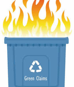 Greenwashing 2022 - turning up the heat on green claims - image of recycling bin labelled 'green claims' with flames out the top