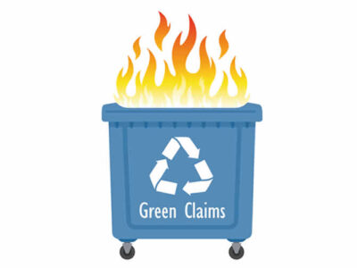 Greenwashing-green-claims-turning-up-the-heat. Graphic image of commercial waste bin on fire - with label 'green claims'