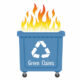 Greenwashing-green-claims-turning-up-the-heat. Graphic image of commercial waste bin on fire - with label 'green claims'