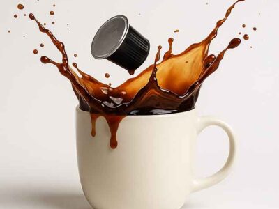 Image of a coffee cup being hit by a coffee pod and splashing coffee