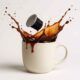 Image of a coffee cup being hit by a coffee pod and splashing coffee