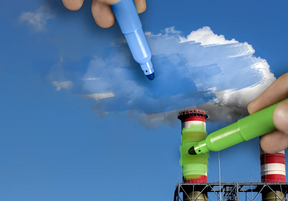 Hands use felt pens to draw blue and green over pollution from a chimney.