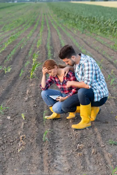Sustainability-Trends-2018 A couple crouch in a wide field of crops, looking stricken.