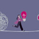 Why-reinforce-sustainable-strategy-challenging-times - graphic images of a business woman walking a tightrope between knotted chaos and a question mark - while carrying a lightbulb of inspiration