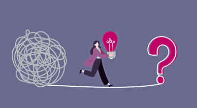 Why-reinforce-sustainable-strategy-challenging-times - graphic images of a business woman walking a tightrope between knotted chaos and a question mark - while carrying a lightbulb of inspiration