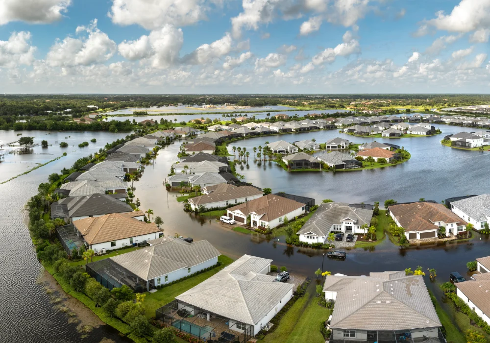 Severe flooding in a suburban neighbourhood in America.