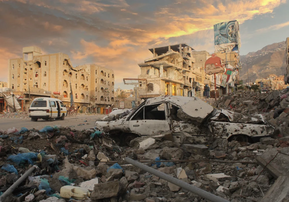 Rubble from war in Yemen due to Middle East conflict in 2026.