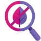 Greenwashing icon of a magnifying glass with a line through a leaf.
