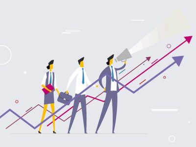 Greenwashing - communicating future ambition. Illustration of three business professionals standing in front of upward-trending growth/message arrows. The leading figure holds a megaphone, suggesting communication of ambition.