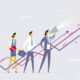 Greenwashing - communicating future ambition. Illustration of three business professionals standing in front of upward-trending growth/message arrows. The leading figure holds a megaphone, suggesting communication of ambition.