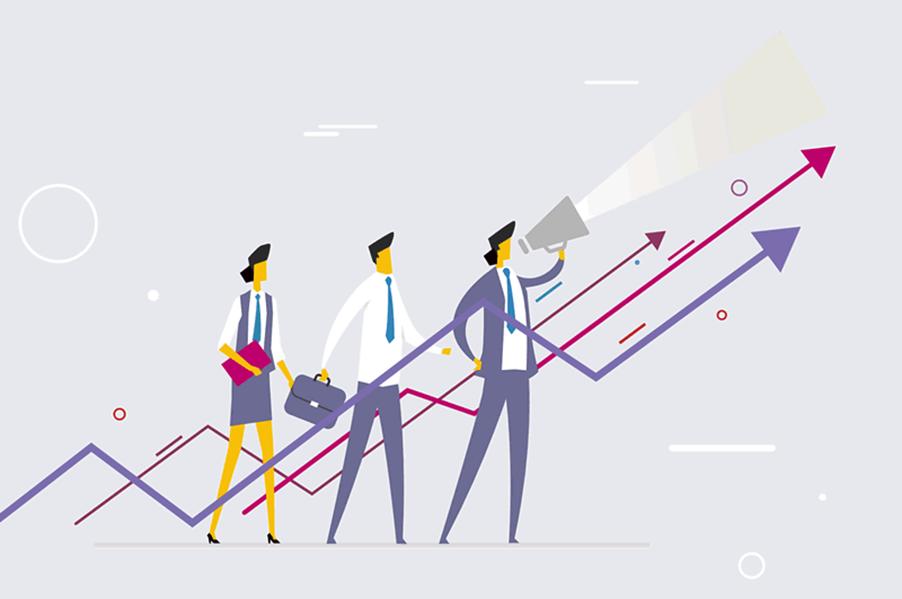 Greenwashing - communicating future ambition. Illustration of three business professionals standing in front of upward-trending growth/message arrows. The leading figure holds a megaphone, suggesting communication of ambition.