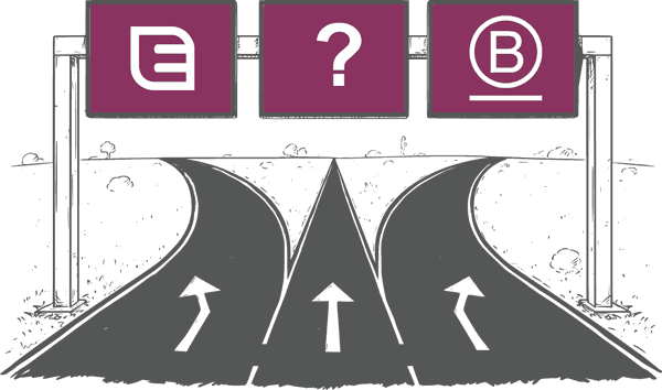 Illustration of a three-lane road approaching a fork. Above the road are three purple sign panels: the left sign shows an ESRS ''E", the centre sign displays a question mark, and the right sign shows a B Corp sign. Arrows on the road point toward the three possible directions, symbolising a choice between different options or paths.