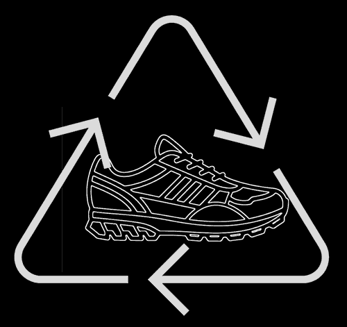 Adidas recycled trainer ad banned. Image of a recycled symbol containing a stylised image of a training shoe within, white and grey on a black background