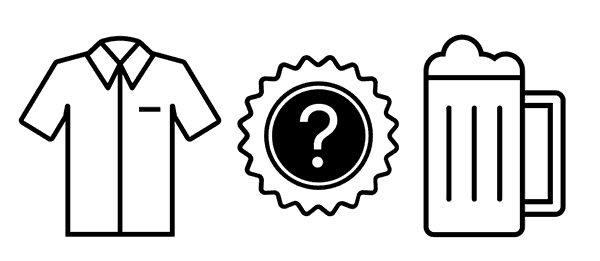 Black and white line image of a shirt, a certification badge with a question mark in it and a glass of beer