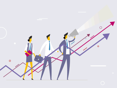 Greenwashing - communicating future ambition. Illustration of three business professionals standing in front of upward-trending growth/message arrows. The leading figure holds a megaphone, suggesting communication of ambition.