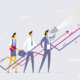 Greenwashing - communicating future ambition. Illustration of three business professionals standing in front of upward-trending growth/message arrows. The leading figure holds a megaphone, suggesting communication of ambition.