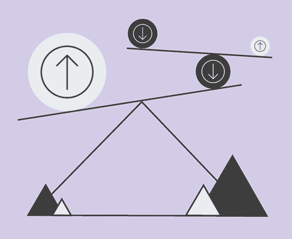 Carbon neutral - a balance system of geometric shapes. A large triangle forms a base with a horizontal beam resting on top like a seesaw. Above it, smaller lever-like shapes hold circular weights. Each circle contains an arrow representing carbon balances.